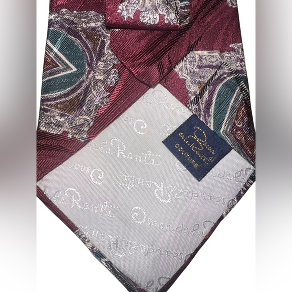 Oscar de la Renta Couture 100% Silk Red Grey Navy Green Paisley Abstract Tie Set - Picture 3 of 12